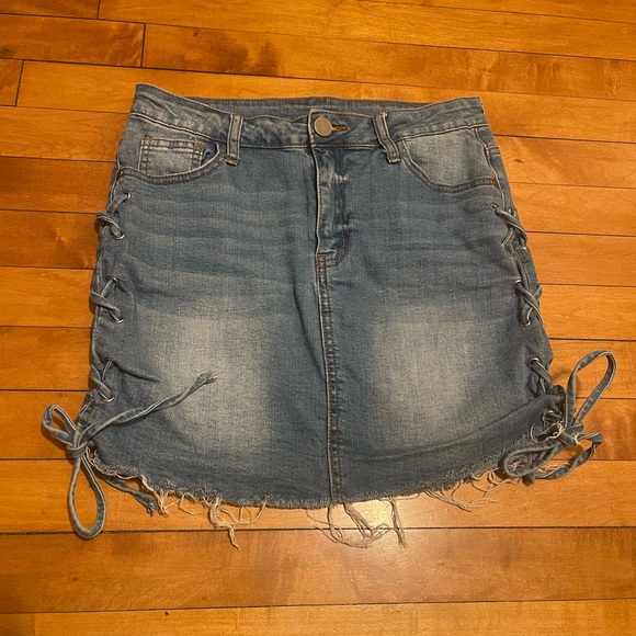 Windsor Blue Lace-Up Denim Mini Skirt - Picture 1 of 2